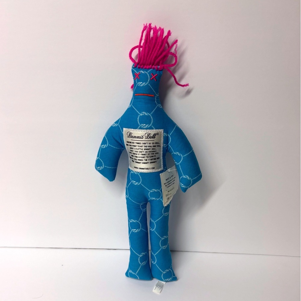 Dammit Doll Blue Rope Pattern Stress Relief Gag Gift Plush Pink Hair Novelty
